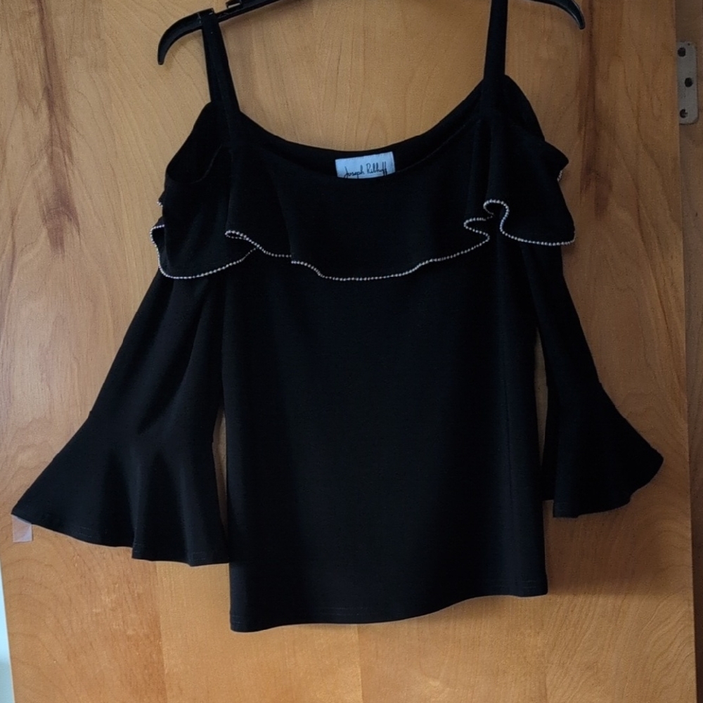 Joseph Ribloff Black Off-Shoulder Blouse with Ruffles